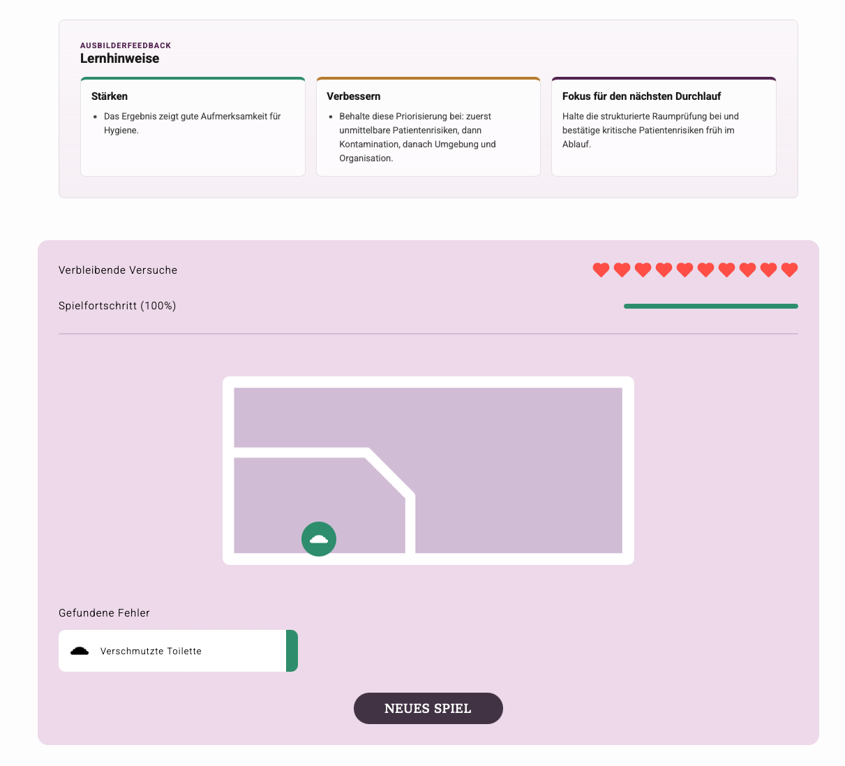 Evaluation report of a passed run — trainer feedback and final room state