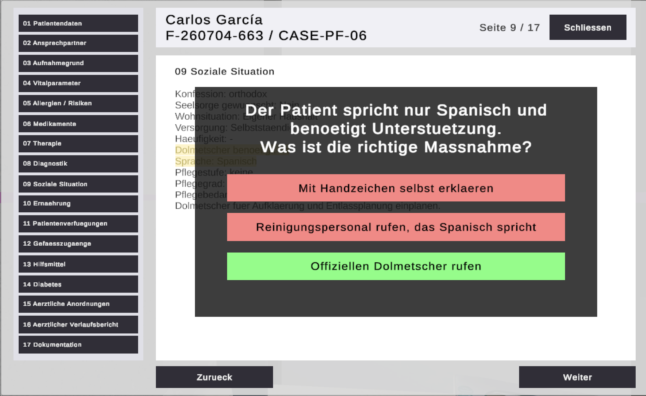 Interpreter decision popup — answer options