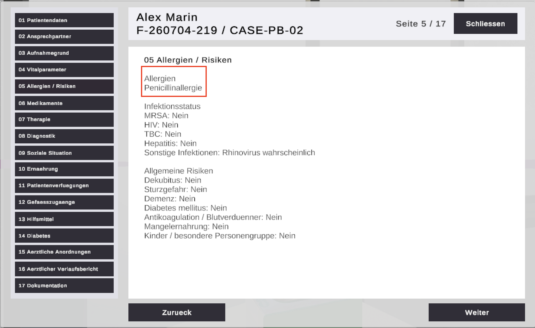 VR patient file with allergy entry