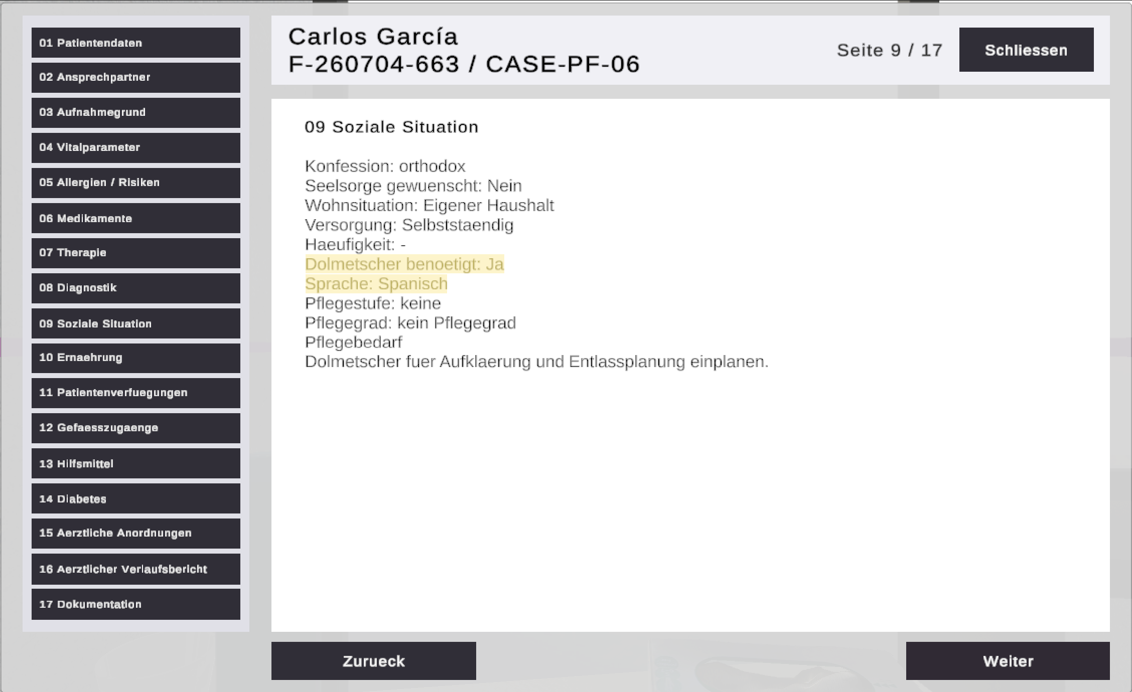 VR patient file with highlighted decision element
